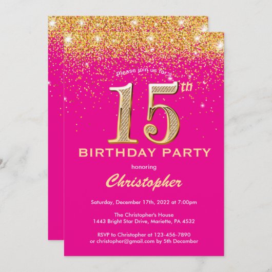 Invitation 15e anniversaire Hot rose et Parties scintillant o (Devant / Derrière)