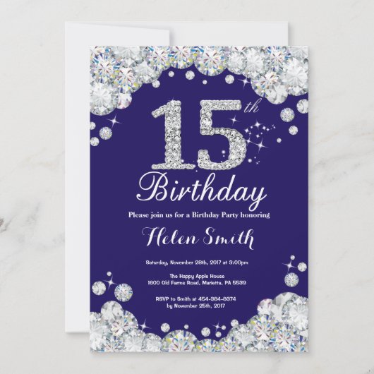 Invitation 15e anniversaire Marine Bleu et Diamant d'argent (Devant)