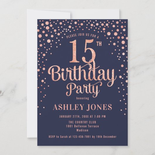 Invitation 15e anniversaire - Marine & Rose Gold (Devant)