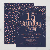 Invitation 15e anniversaire - Marine & Rose Gold (Devant / Derrière)