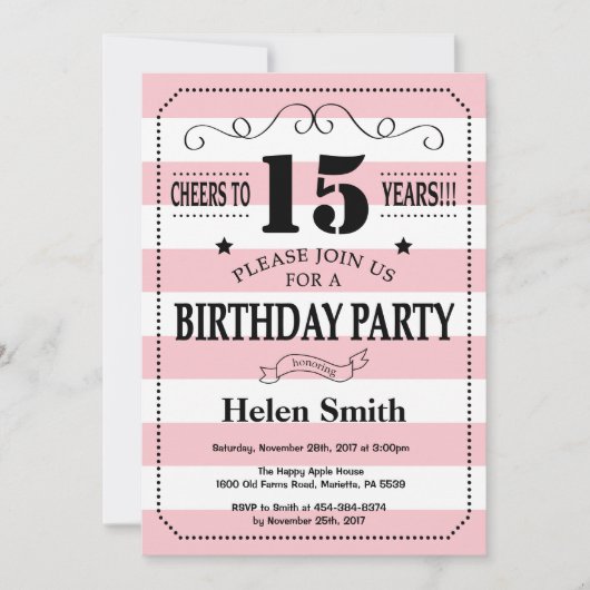 Invitation 15e anniversaire Pink and White Stripes (Devant)