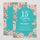 Invitation 15e anniversaire Pink Floral Flowers Turquoise Arr (Devant / Derrière)