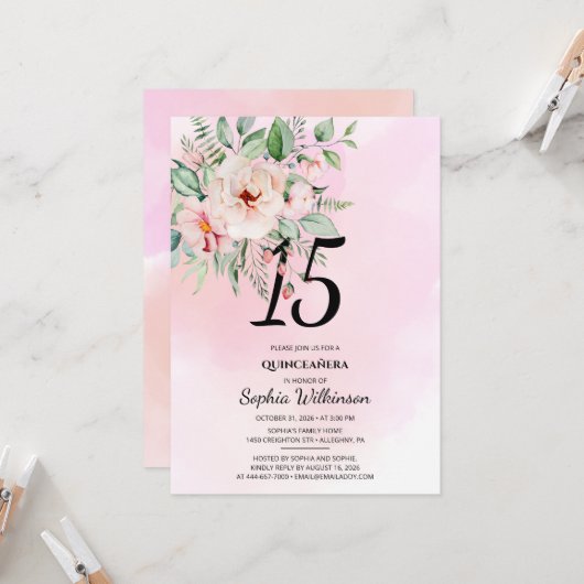Invitation 15e anniversaire Quinceanera Aquarelle florale rus (Devant/Arrière en situation)