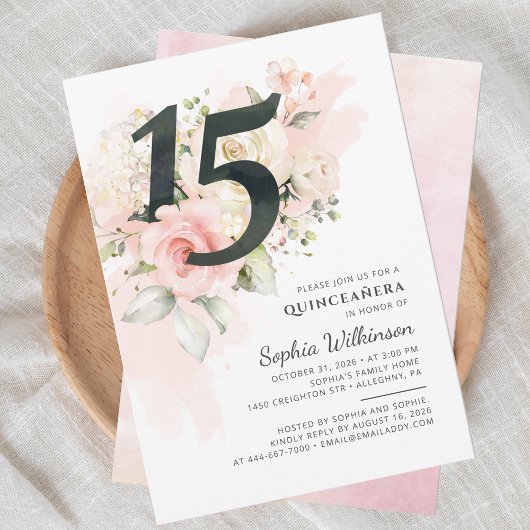 Invitation 15e anniversaire Quinceanera Aquarelle florale rus