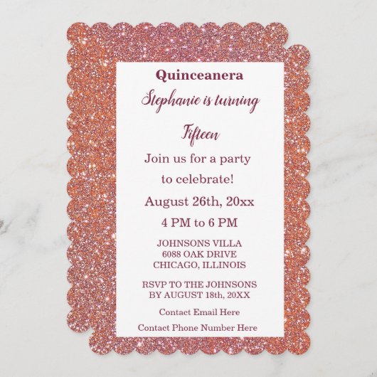 Invitation 15e anniversaire Quinceanera Parties scintillant r (Devant / Derrière)