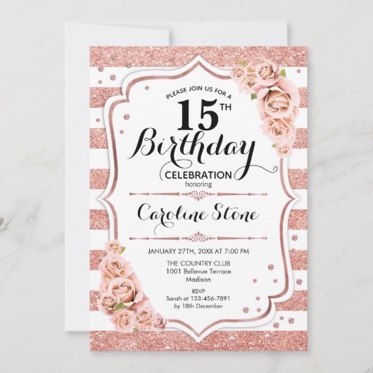 Invitation 15e anniversaire - Rose Gold White Stripes (Devant)