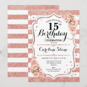 Invitation 15e anniversaire - Rose Gold White Stripes (Devant / Derrière)