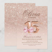 Invitation 15e anniversaire Rose rose or Bow fête d'anniversa (Devant / Derrière)