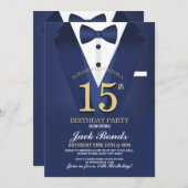Invitation 15e Anniversaire Spy Suit Black cravate Gold Tuxed (Devant / Derrière)