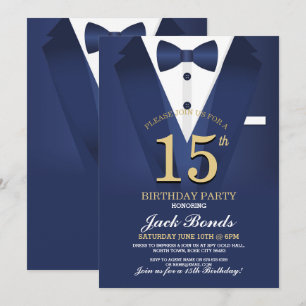 Invitation 15e Anniversaire Spy Suit Black cravate Gold Tuxed