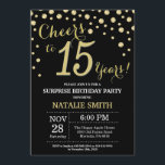 Invitation 15e anniversaire surprise Diamant noir et or<br><div class="desc">Invitation surprise 15e anniversaire avec Arrière - plan Diamant Parties scintillant noir et or. Gold Confetti.Anniversaire enfant. Anniversaire des garçons ou des filles.
Pour plus de personnalisation,  cliquez sur le bouton "Customiser" et utilisez notre outil de conception pour modifier ce modèle.</div>