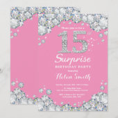 Invitation 15e anniversaire surprise Diamant rose et argent (Devant / Derrière)