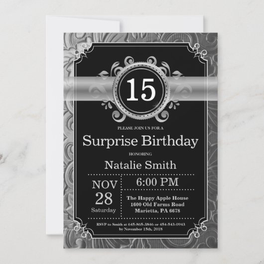 Invitation 15e anniversaire surprise Parties scintillant noir (Devant)