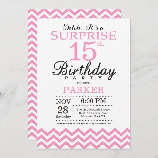 Invitation 15e anniversaire surprise Pink Chevron (Devant / Derrière)