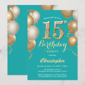 Invitation 15e anniversaire Turquoise et or Balloons Confetti (Devant / Derrière)