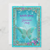 Invitation 15e anniversaire turquoise papillons pourpre class (Devant)