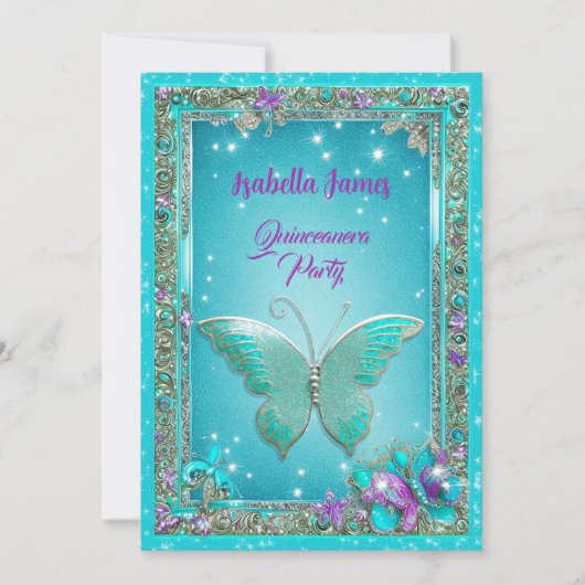 Invitation 15e anniversaire turquoise papillons pourpre class (Devant)