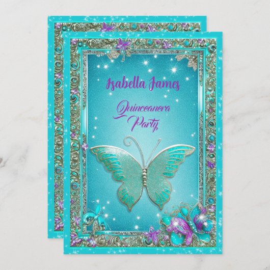 Invitation 15e anniversaire turquoise papillons pourpre class (Devant / Derrière)