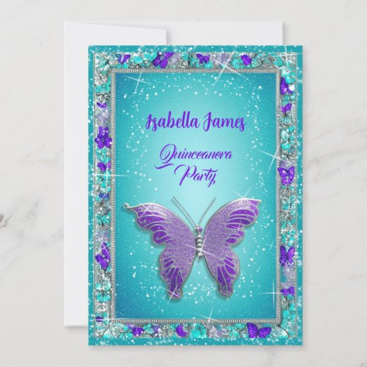 Invitation 15e anniversaire violet turquoise bijoux Papillon (Devant)