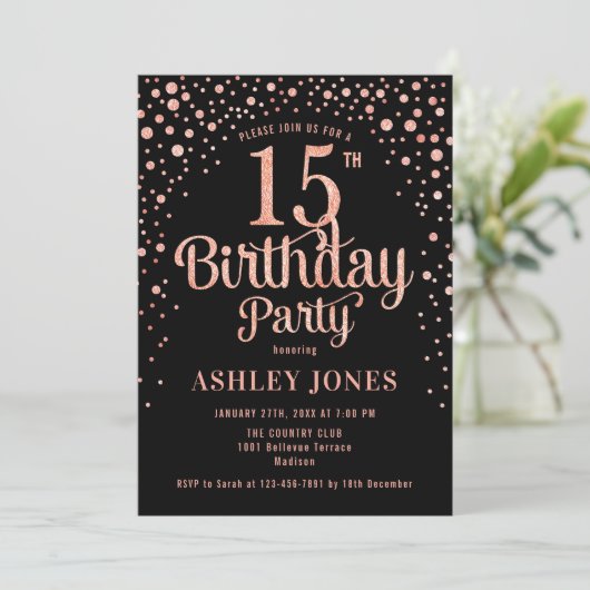 Invitation 15e fête d'anniversaire - Black & Rose Gold (Debout devant)