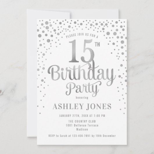Invitation 15e fête d'anniversaire - Blanc & Argent (Devant)