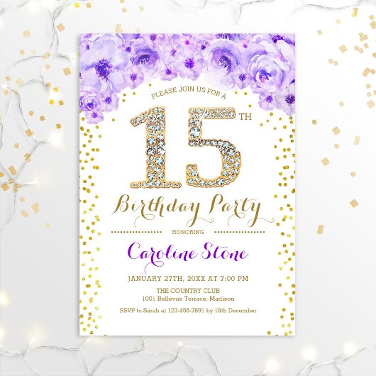 Invitation 15e fête d'anniversaire - Blanc Gold violet