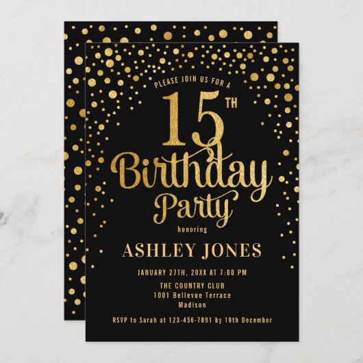 Invitation 15e fête d'anniversaire - Noir & Or (Devant / Derrière)