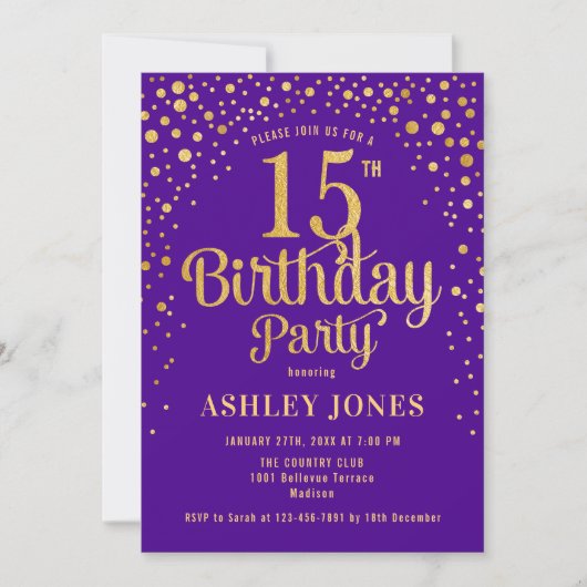 Invitation 15e fête d'anniversaire - Purple & Gold (Devant)