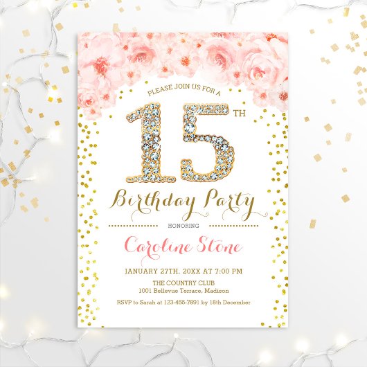 Invitation 15e fête d'anniversaire - Rose or blanc