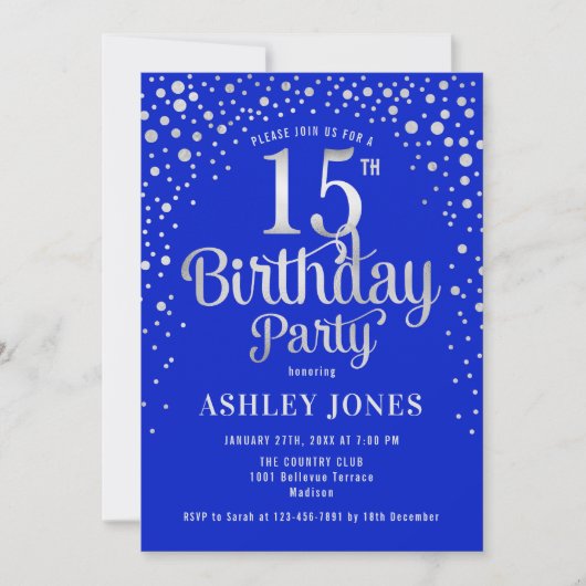 Invitation 15e fête d'anniversaire - Royal Blue & Silver (Devant)