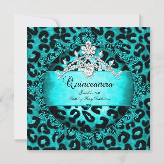 Invitation 15e Quinceanera Leopard bleu turquoise Tiara (Devant)