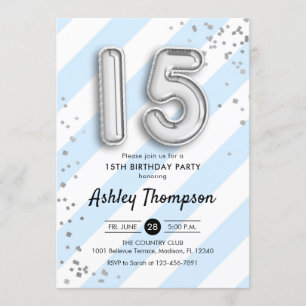 Invitation 15ème anniversaire - Bleu Bandes Ballons d'argent