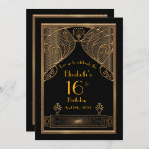 Invitation 16,16 Anniversaire,Art Déco, or noir