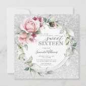 Invitation 16 Anniversaire Carré | Argent Rose (Devant)