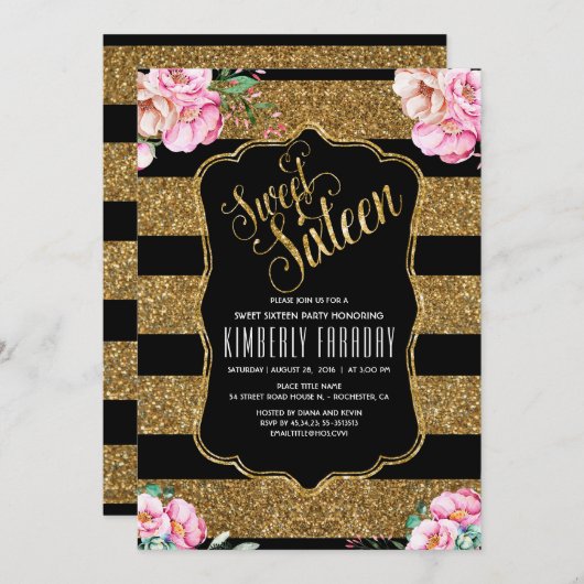 Invitation 16 Anniversaire - Parties scintillant d'or Sweet s (Devant / Derrière)