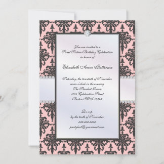 Invitation 16 ans d'inoubliable fête des Damas noires et rose
