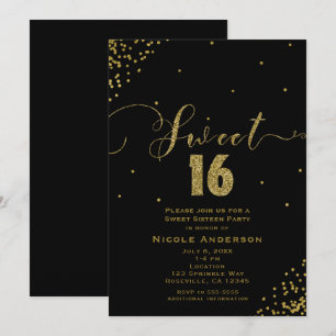 Invitation 16 ANS Fête 16 Coins de Confettis Noir & Or