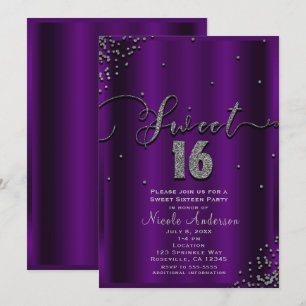 Invitation 16 ANS Fête 16 Coins de Confettis Violets et Argen