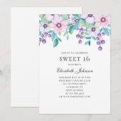 Invitation 16 ans. Fleurs violettes et roses. 16e anniversair (Devant / Derrière)