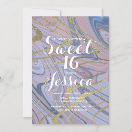 Invitation 16 ans | Marbre de coing Liquide bleu rose (Devant)