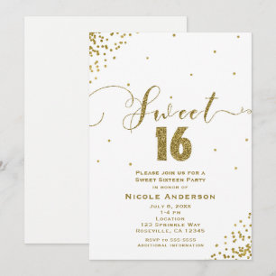 Invitation 16 ANS Sucré Seize Coins de Confettis Blancs et Do