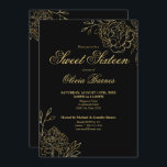 Invitation 16 fleurs d'art de la ligne noire et d'or de Sweet<br><div class="desc">Black and Gold Sweet 16 Invitation aux fleurs élégantes et esquissées. Le design floral chic présente de fines lignes botaniques représentant des fleurs et des feuilles en or,  ainsi qu'une typographie stylistique classique.</div>