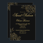 Invitation 16 fleurs d'art de la ligne noire et d'or de Sweet<br><div class="desc">Black and Gold Sweet 16 Invitation aux fleurs élégantes et esquissées. Le design floral chic présente de fines lignes botaniques représentant des fleurs et des feuilles en or,  ainsi qu'une typographie stylistique classique.</div>