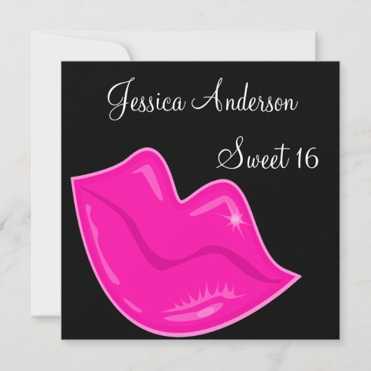 Invitation 16 jolies lèvres roses à l'anniversaire sur noir 2 (Devant)