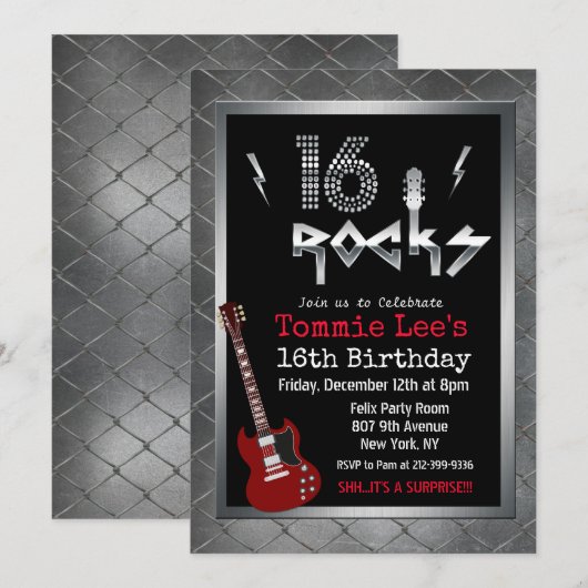 Invitation 16 Rocks Rockstar Guitare 16e anniversaire Invitat (Devant / Derrière)