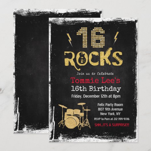 Invitation 16 Rocks Rockstar Guitare 16e anniversaire Invitat (Devant / Derrière)