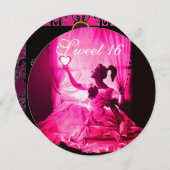 INVITATION 16 SOUFFLE D'ANNIVERSAIRE, FÊTE ROSE FUCHSIA NOIR  (Devant / Derrière)