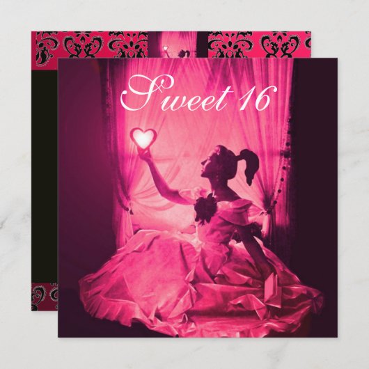 INVITATION 16 SOUFFLE D'ANNIVERSAIRE, FÊTE ROSE FUCHSIA NOIR (Devant / Derrière)