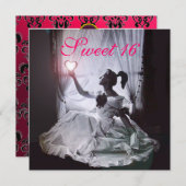 INVITATION 16 SOUFFLE D'ANNIVERSAIRE, FÊTE ROSE FUCHSIA NOIR  (Devant / Derrière)