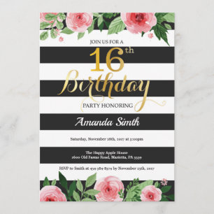 Invitation 16e Ado d'invitation d'anniversaire. Noir d'or flo